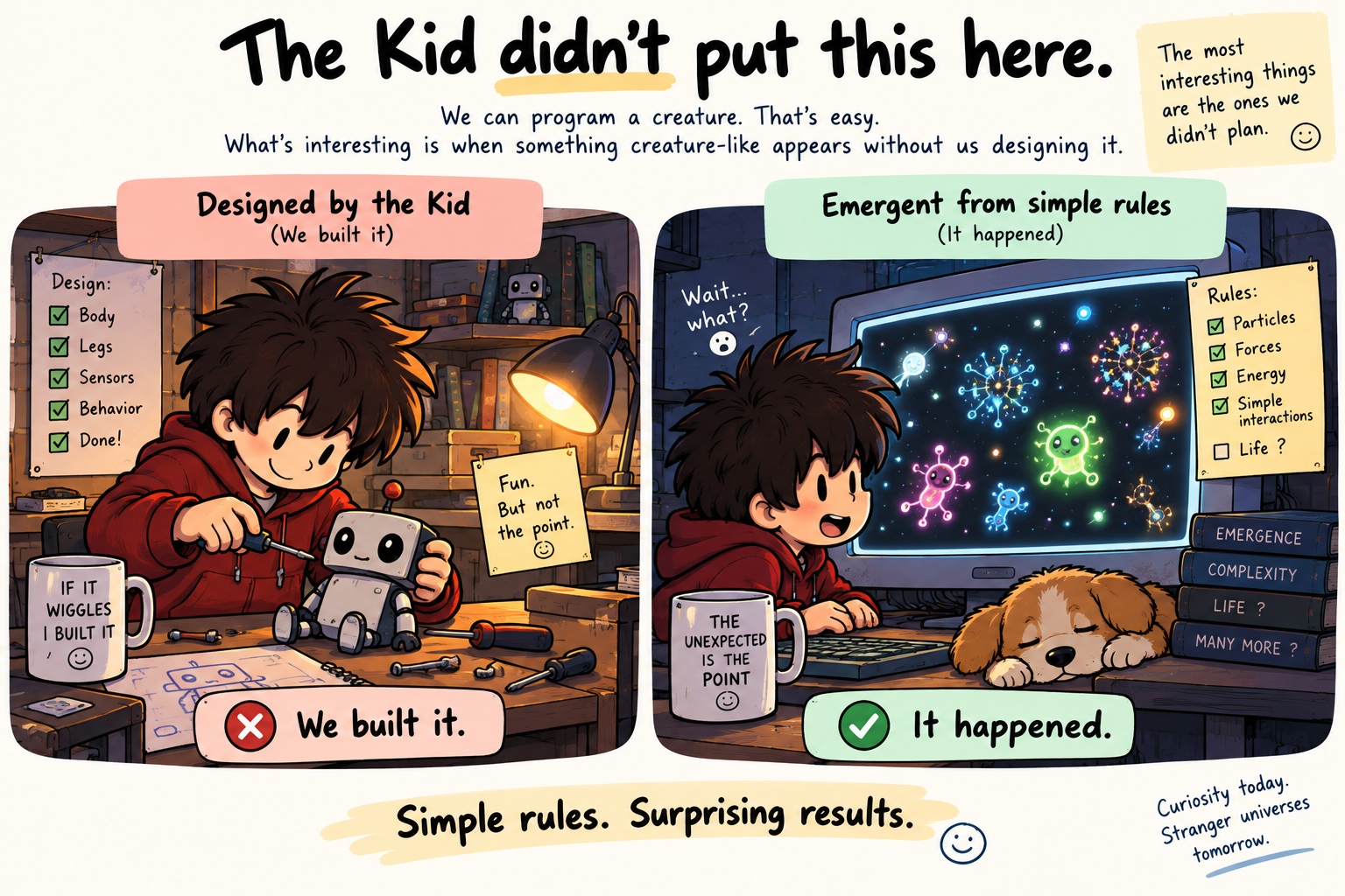 Cartoon comparing a robot deliberately designed by the Kid with unexpected creature-like forms emerging from simple simulation rules.