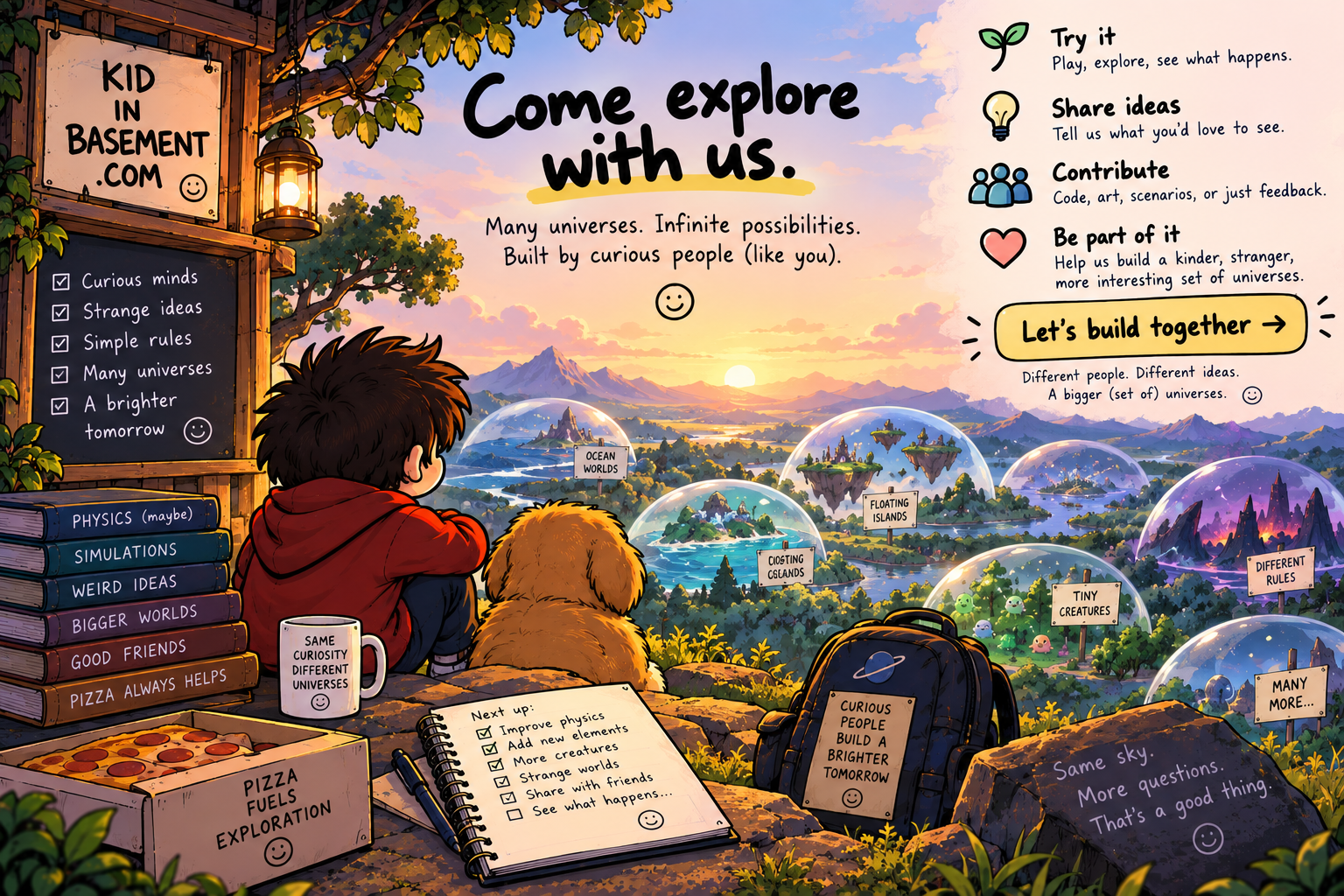 Cartoon Kid and dog overlooking many imagined universes with an invitation to explore, share ideas and contribute.